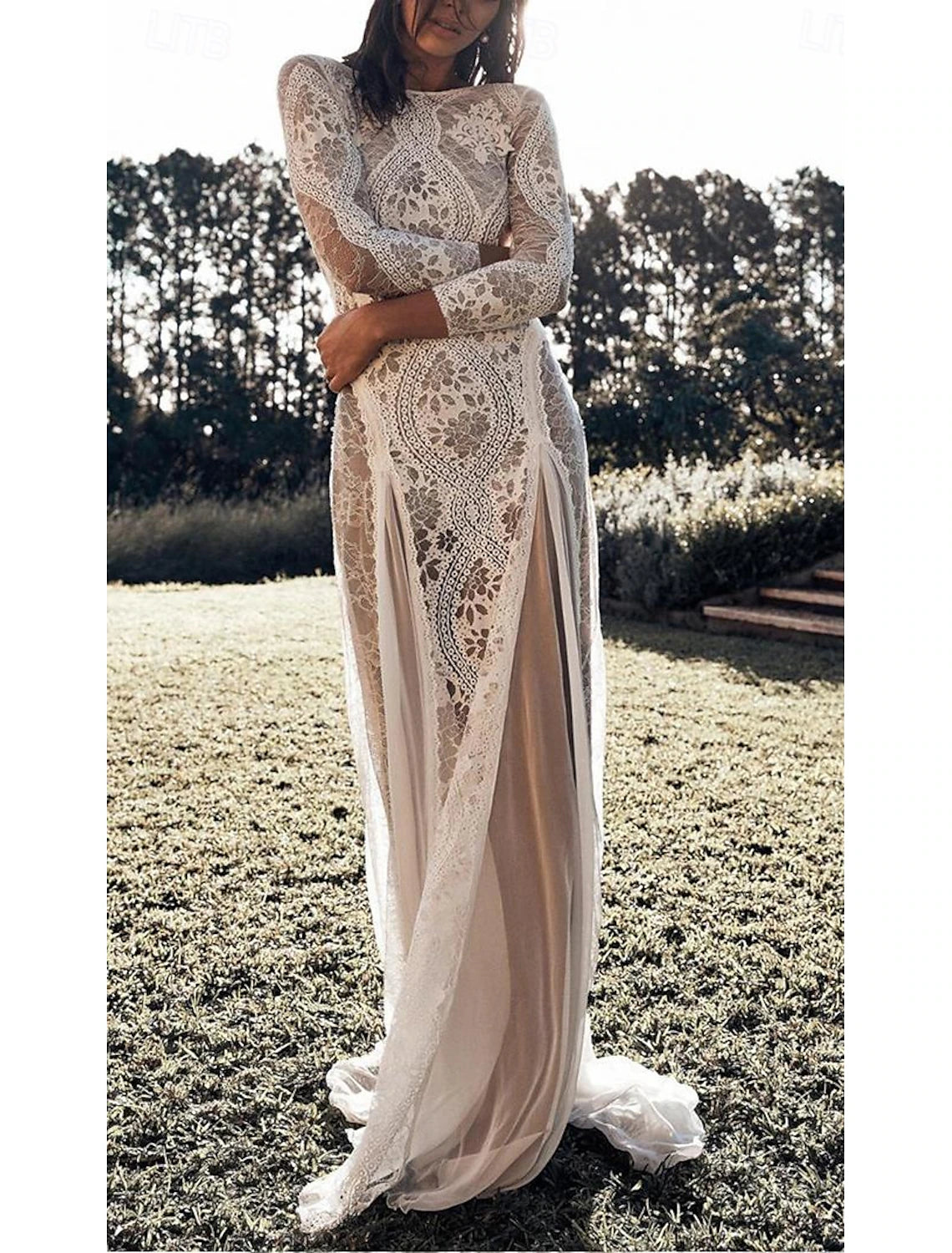 Buyishang Wedding Dresses Mermaid / Trumpet V Neck Long Sleeve Sweep / Brush Train Lace Bridal Gowns With Solid Color